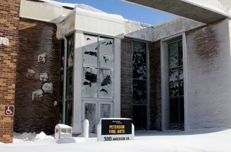 The Peterson Fine Arts buillding was pelted with snow from Winter Storm Selene.