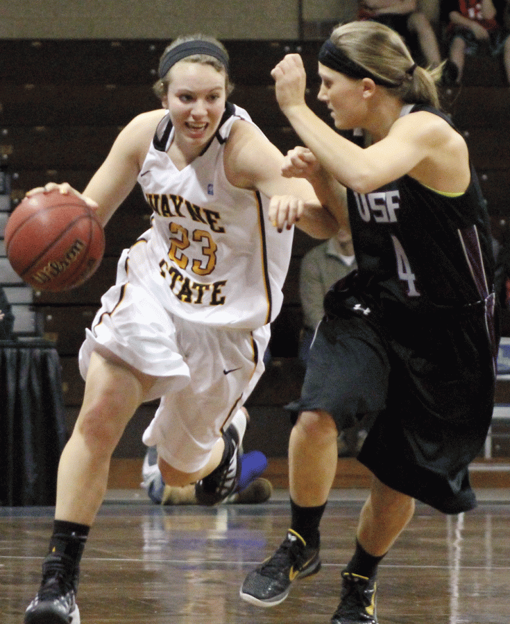 Addy Roller fights past a Sioux Falls defender in a game earlier this season.