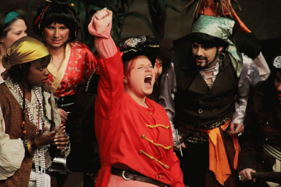 Red Dog (MacKenzie Larson) rallies her fellow pirates for a mutiny in “Treasure Island” performed in Ramsey Theater from March 27 to April 1. 