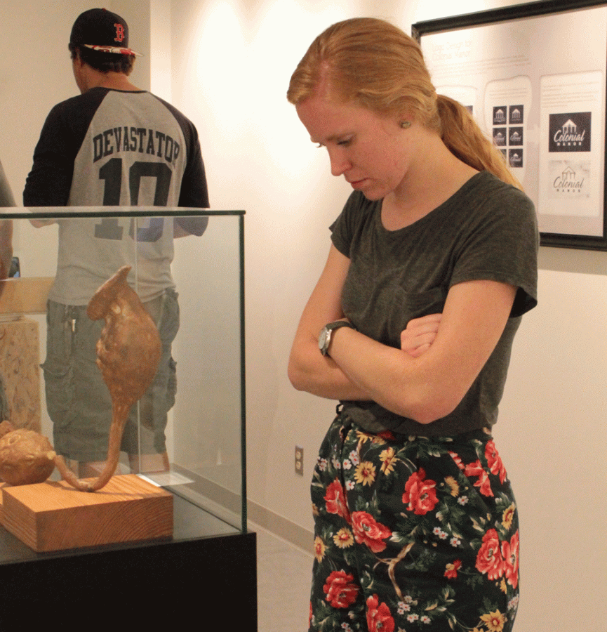 Senior Amber Reed admires Dr. Pearl
Hansen’s exhibit, “Nancy’s Cow.” Hansen focuses on abstractions and landscapes.