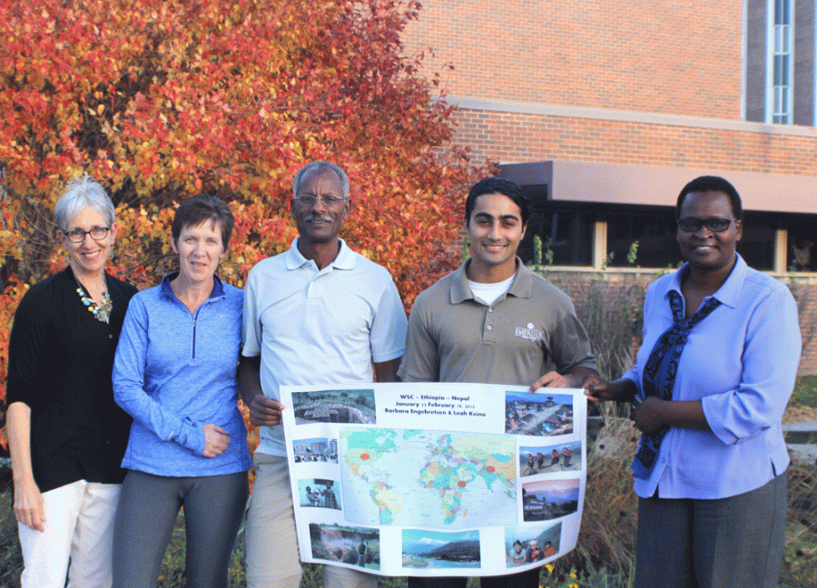 From left to right: Barbara Engebretsen, Brigid Griffen, Mitiju Mamo, Bipul Pokhrel and Leah Keino. The group is working together for the future international service-learning program in Ethiopia and Nepal.