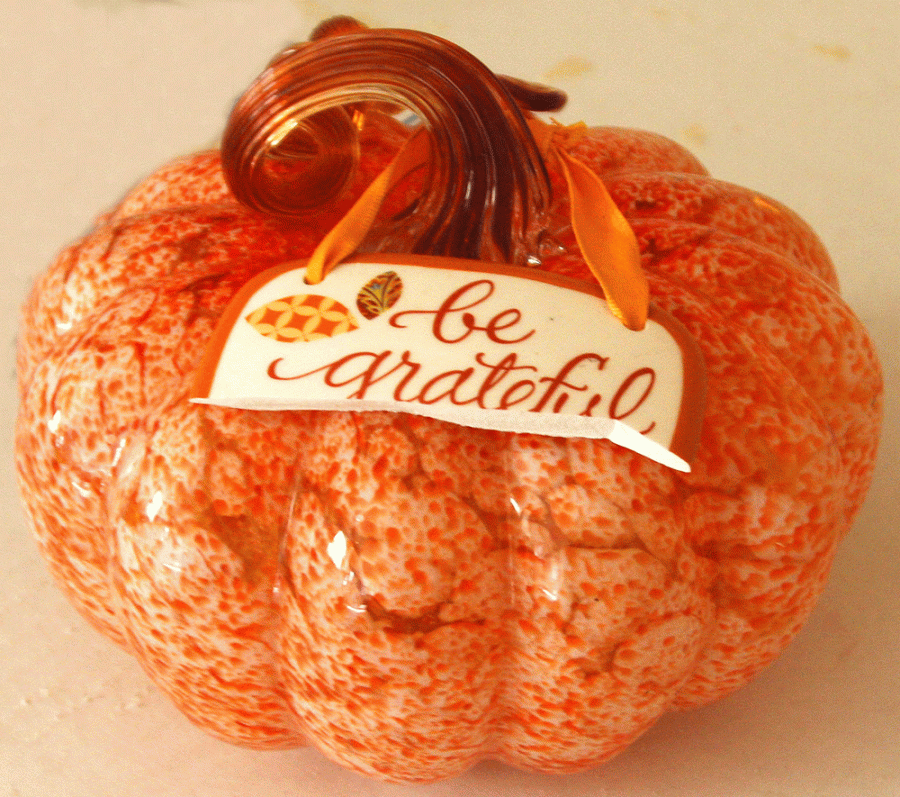 The decorative pumpkin that
survived a direct hit in Hanson’s
home last fall.