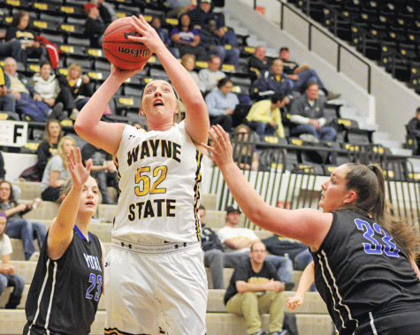 Paige Ballinger takes aim at the bucket in last night's 110-33 win over York College