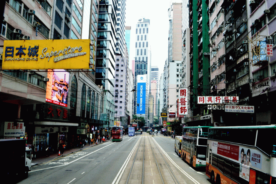 The view from a tram ride on King’s Road in Hong Kong.