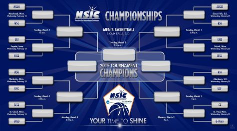 The complete bracket on the men’s side for the 16-team NSIC/Sanford Health men’s basketball tournament.