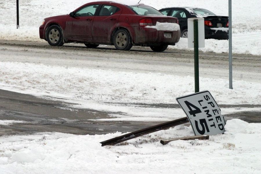 Over the weekend, a sign was knocked down by Rice Auditorium due to snow removal.