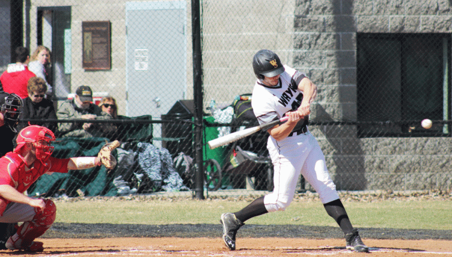 Nate Ackerman takes a swing on a ball in last weekends double-header with Minot State.