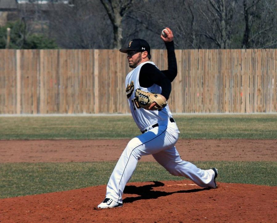 Joey Lenihan fires a pitch toward home in last Saturday’s doubleheader sweep over Northern State.