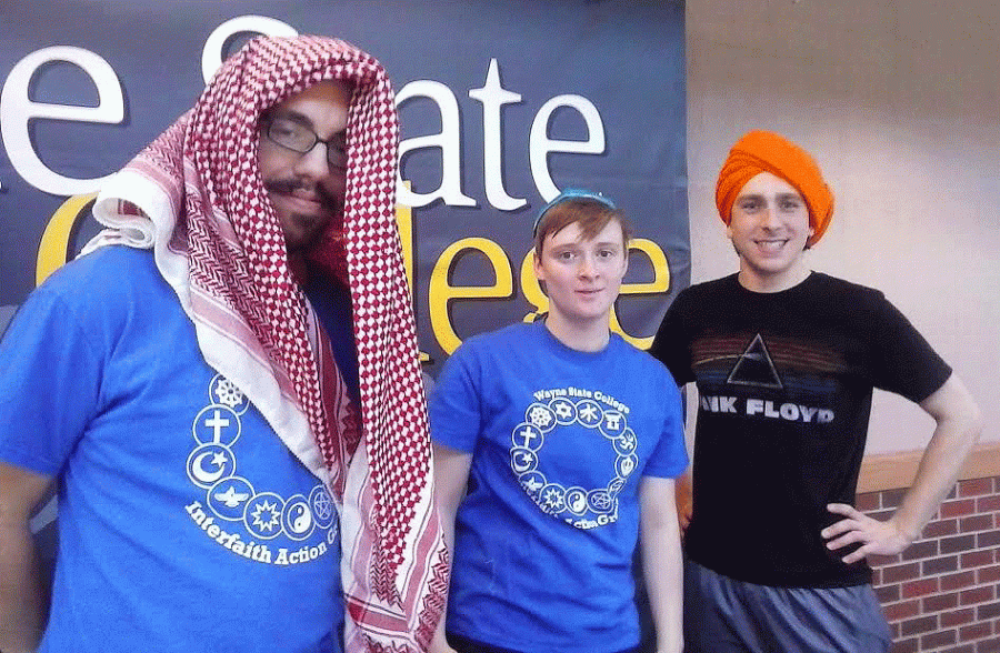 WSC Students Jeremy Fricke, Kelsie Waldon and Jordan Zoucha wear headdresses to create awareness for other religions’ head wear.