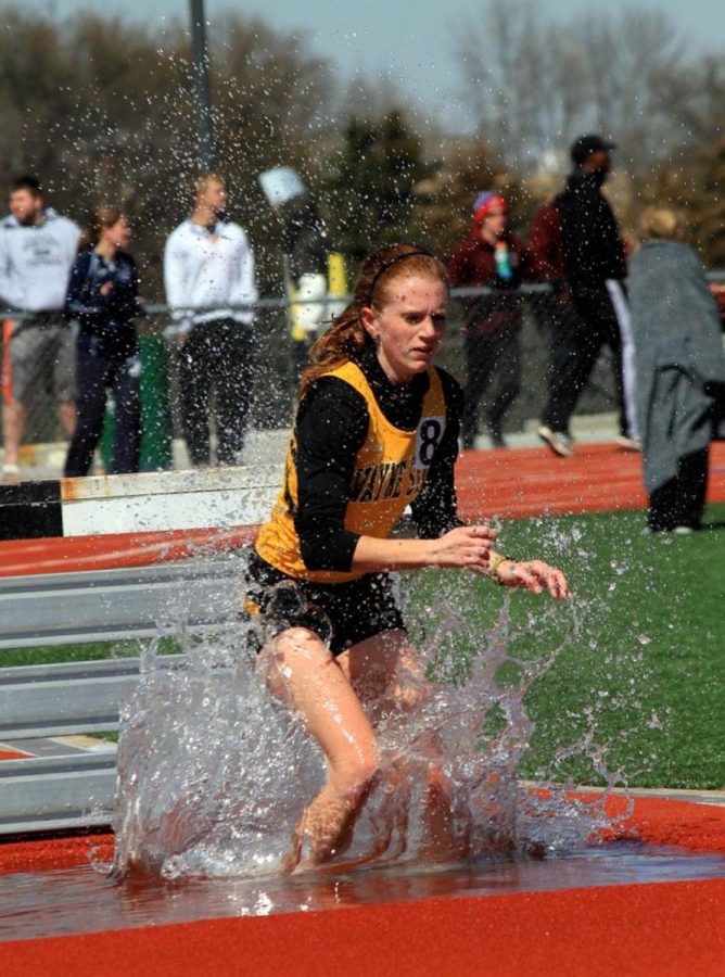 Shelby Connett jumps into the water in the women’s 3000 Meter Steeplechase. She finished sixth in the event.