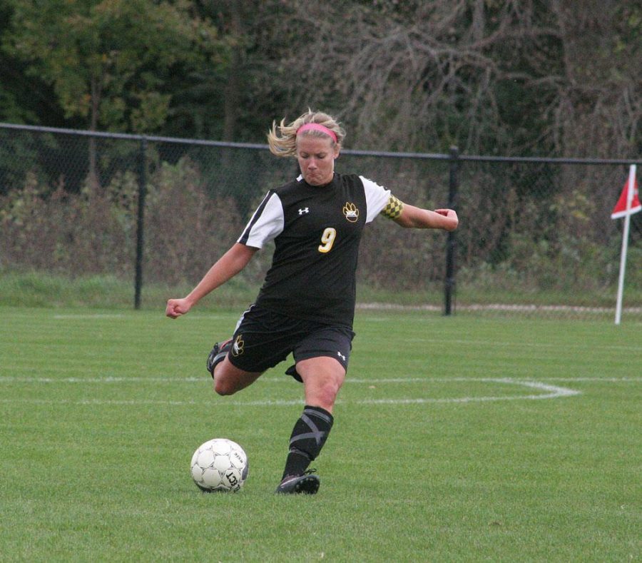 Josie Brown, the newly minted defensive player, kicks away the ball in last Saturday’s game. WSC Soccer would go on to win the game against Minnesota Crookston 1-0.