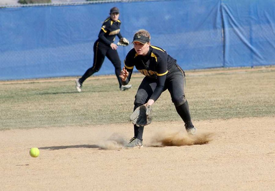 Senior Shortstop Sam O’brien fielding a ground ball in last Tuesday’s double header at the Pete Chapman Softball Complex. Earlier in the year, O’Brien cracked a bone in her hand after being hit with a pitch.