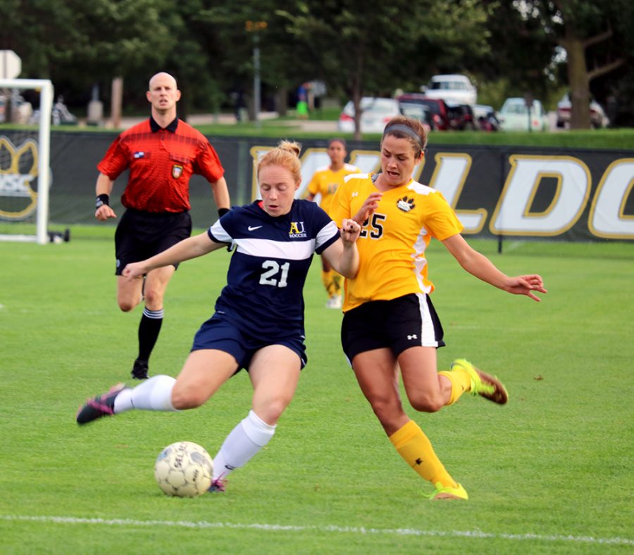 Sophomore Carys Hund defends against the Vikings at the first home game of the season last Friday. Hund was the only Wildcat to score a goal in the contest to tie against top ranked Augustana University 1-1, giving the Wildcats a 3-0-1 record for the year.