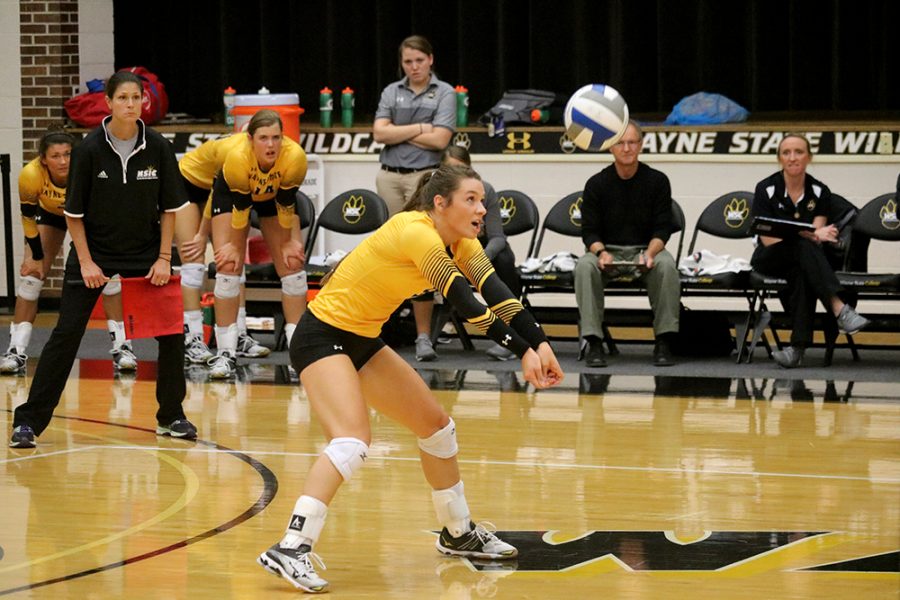 Senior Wildcat Michaela Mestl passes the ball against Minnesota Duluth on Friday evening. The Wildcats lost the match 25-21, 25-17, 17-25 and 26-24.  With an NSIC record of 8-6, the Wildcats move to eighth in the AVCA DII nationall poll this week. 
