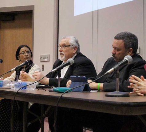 Believers of four different world religions: Dr. Meena Dalal, a follower of Hindu; Gary Weddel, a follower of Baha’i; and Pastor Douglas Dill, a Lutheran pastor discussed their faith with the campus community on March 14.
Not pictured: Bronwyn Zitka