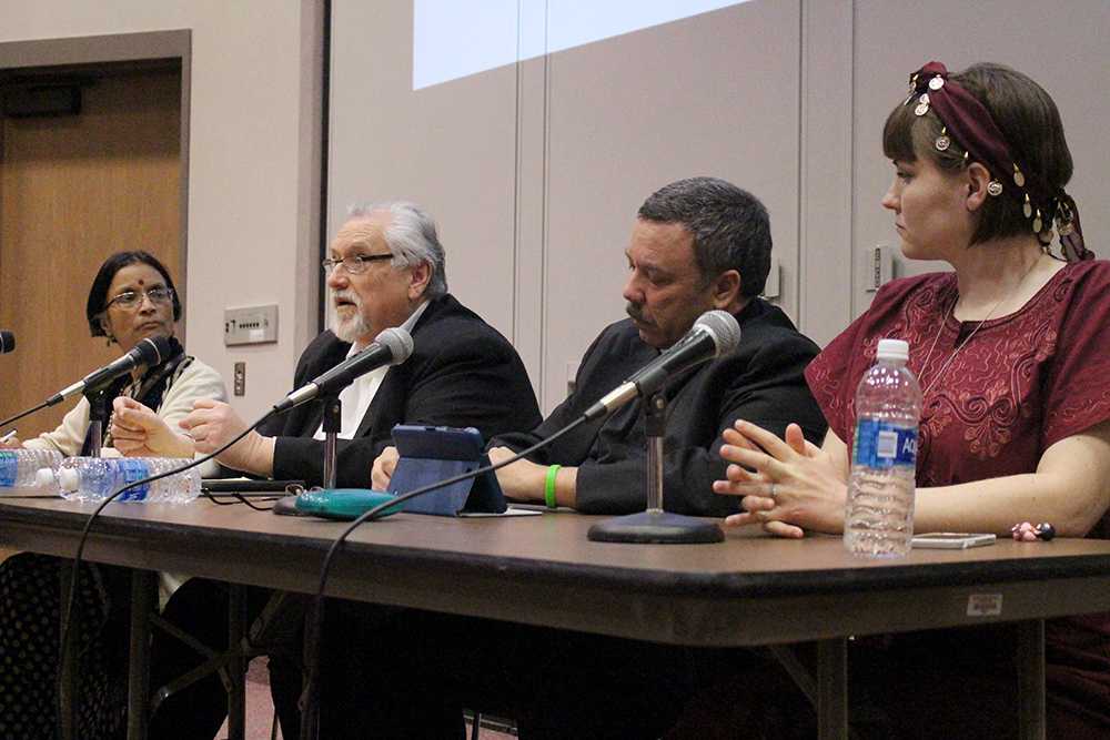 Believers of four different world religions: Dr. Meena Dalal, a follower of Hindu; Gary Weddel, a follower of Baha’i; Pastor Douglas Dill, a Lutheran pastor; and Bronwyn Zitka, a follower of Wicca, discussed their faith with the campus community on March 14.