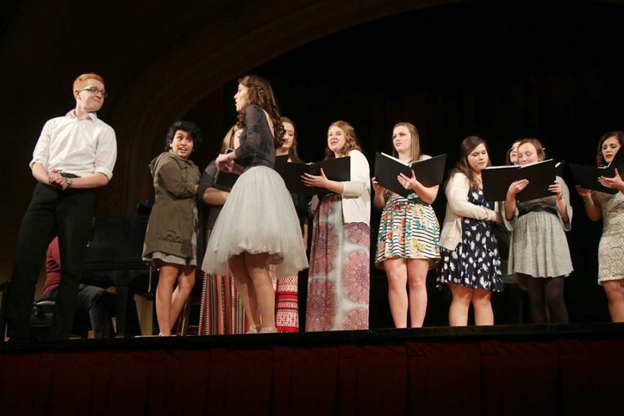 Trevor McQuay and Mary Bruegman share the stage with other chorus members at the Gilbert and Sullivan showcase, last Thursday in Ley Theatre.