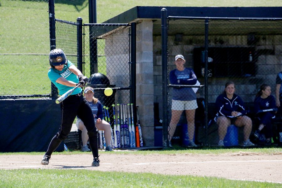 Senior Monique Alyea hits against the Peacocks in Tuesday’s “Fill the Hill” game. Alyea went 6 for 7 on the day with two RBIs. WSC wore teal jerseys for the games to raise awareness for Sexual Assault month.