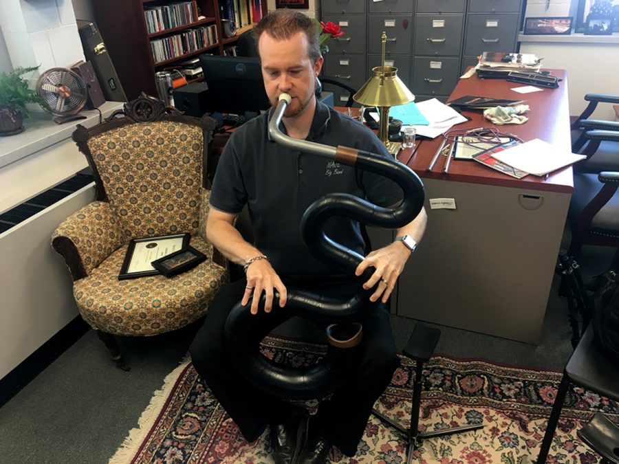 Josh Calkin used the 3-D printer in the IRC at WSCs Conn Library to recreate an instrument that has its roots in medieval times. The serpent was originally made of wood and wrapped in leather.