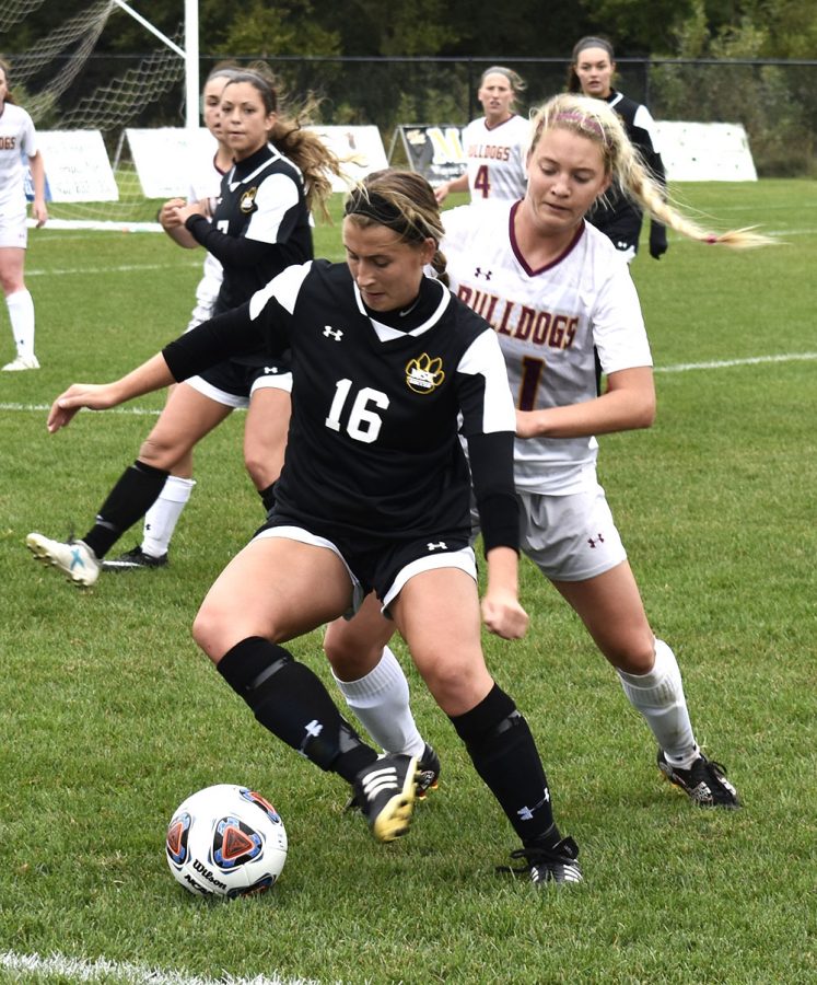 Carleigh Wilson blocks Duluth player during game on Saturday.