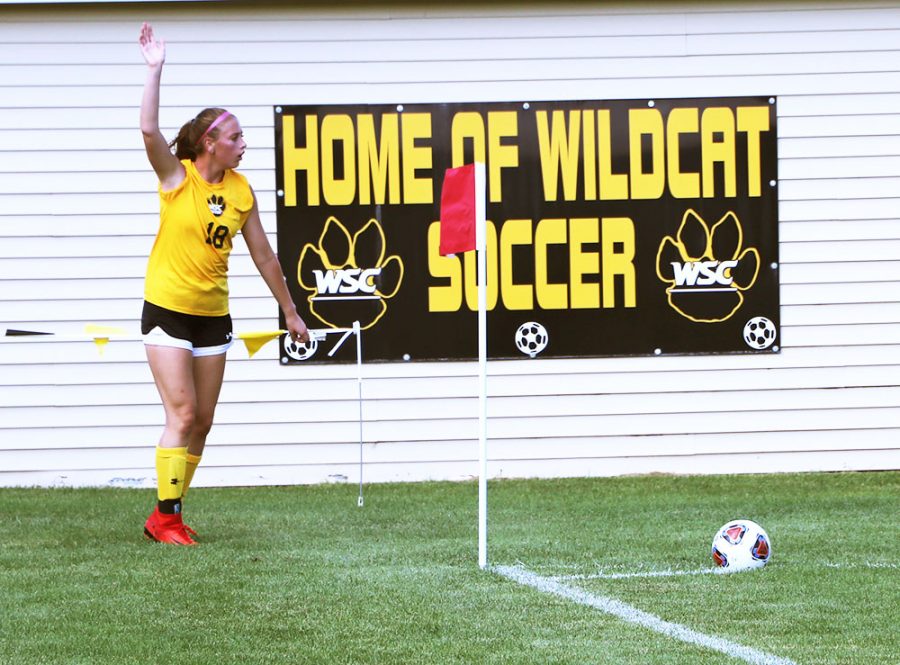 Freshman Payton Haliburton prepares for a corner kick in the exhibition game against College of St. Mary’s.