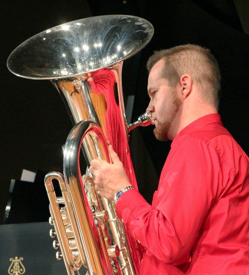 Dr. Josh Calkin, Wayne State College associate professor of music, performed in Ley Theater on Oct. 24.