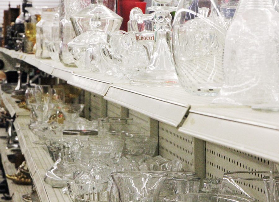 The crystal ware sparkles and shines inside Thrift Warehouse.