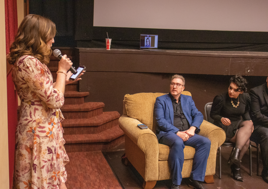 Laura Spieler, Editor in Chief of The Wayne Stater, hosts the Q&A session after the premiere of The Queen of Pandoras Box. Alongside her is Mike White and Shelby Hagerdon.