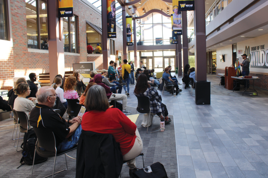 The audience gather to hear speeches on World Speech Day in the Student Center.  