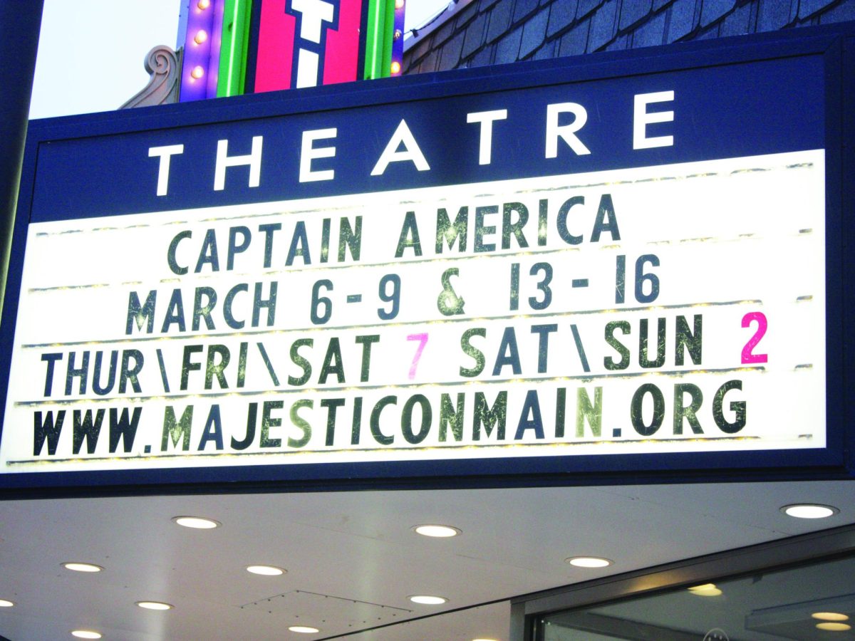 The times of the Captain America movie are displayed on the Majestic Theatre marquee. 
